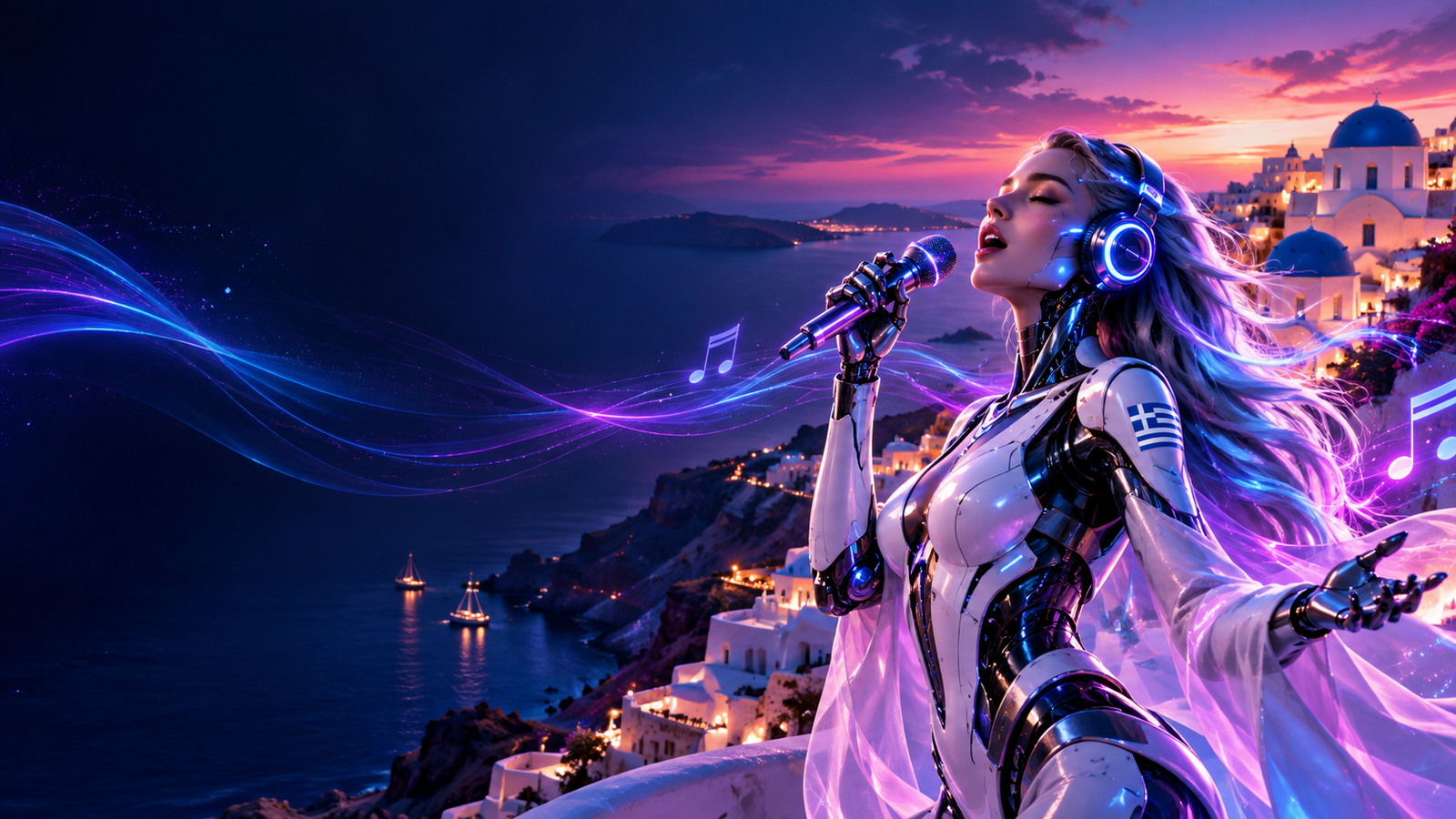 AI ρομπότ τραγουδιστής με μικρόφωνο και ελληνική ταυτότητα